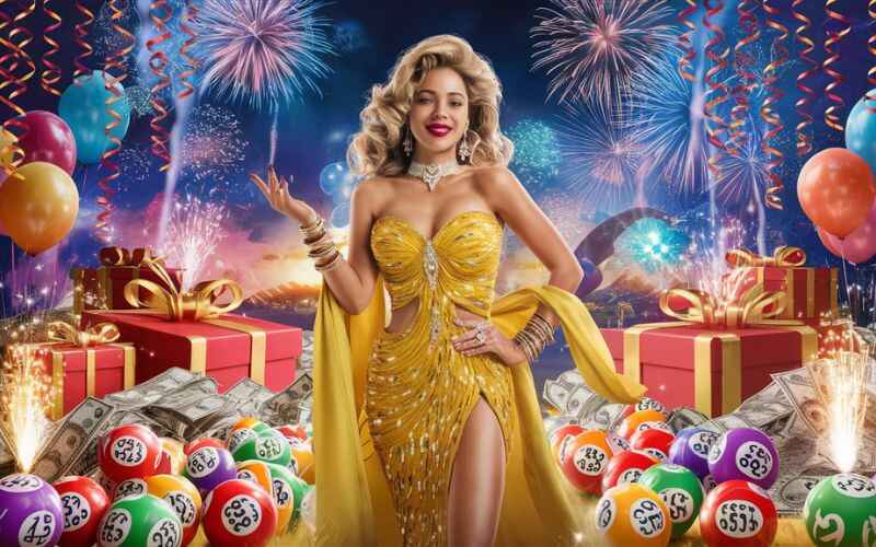 a woman in a dress with balls and fireworks behind her